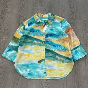 NWT Chico’s No-Iron Linen‎ Painted Art Button Up Top 3/4 Sleeve Multicolor Sz 10